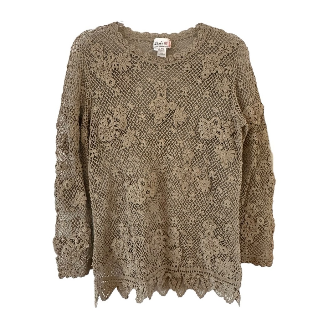 NWT Vintage Lim's hand crocheted lace long sleeve tan sweater floral pattern